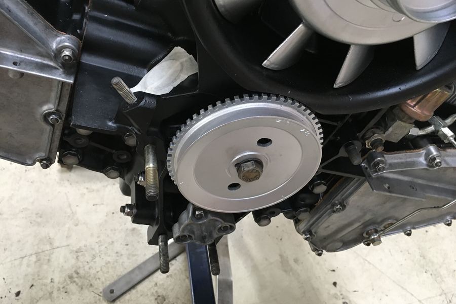 Crank trigger wheel TIG-welded to the pulley, installed on an air-cooled Porsche flat-six for standalone engine management
