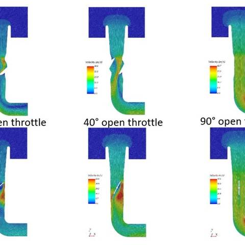 CFD flow simulation of the Aerobarrel throttle body at 20, 40 and 90 degree openings