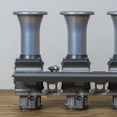 Triple throttle body bank, hard-anodised gunmetal grey